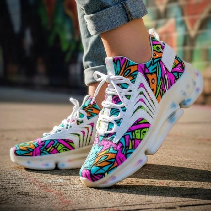 Colorful patterned sneakers on a blurred background
