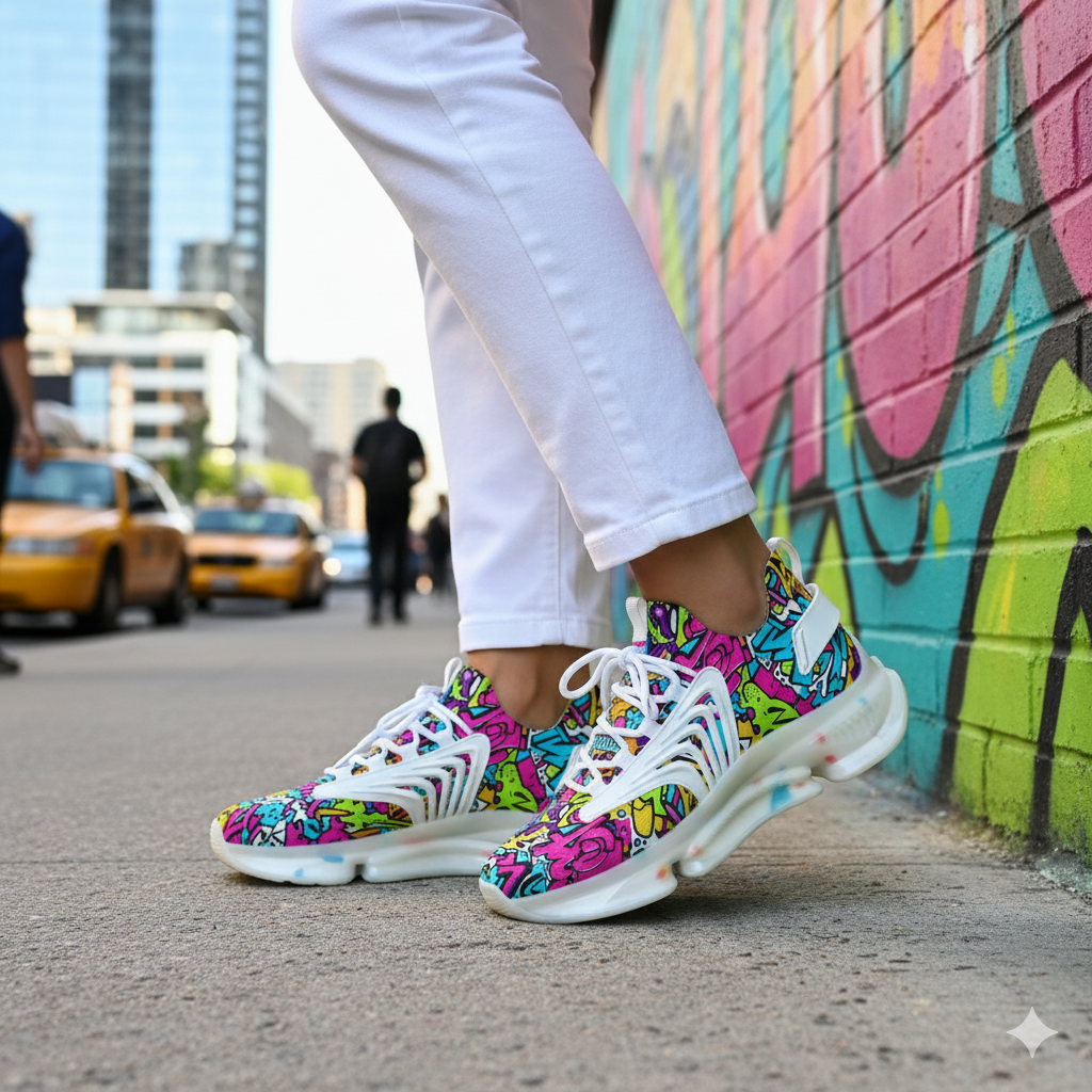 Colorful sneakers with a street and graffiti wall in the background