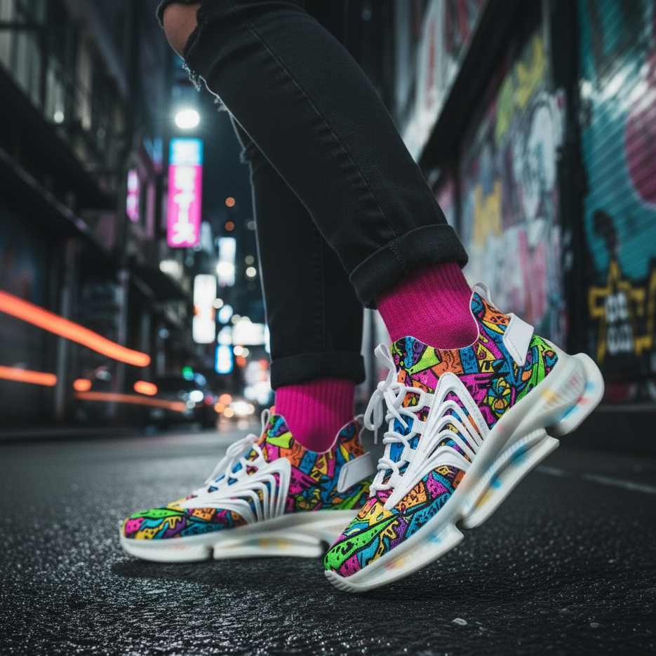 Colorful sneakers on a person walking on a street with neon lights and graffiti.