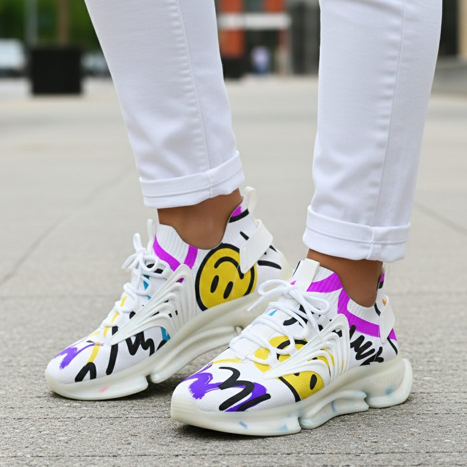White sneakers with colorful designs worn on a blurred street background