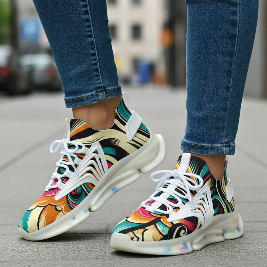 Colorful sneakers with abstract patterns worn on a blurred street background