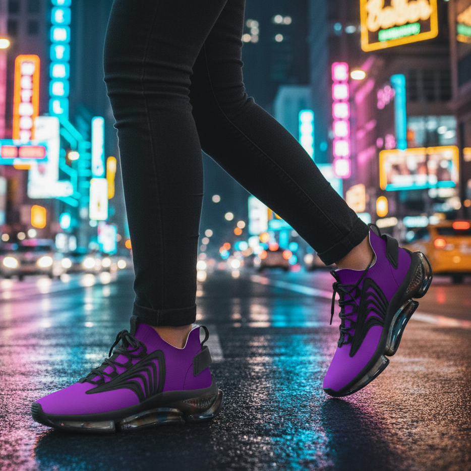 Purple sneakers on a person walking on a city street at night with neon lights.