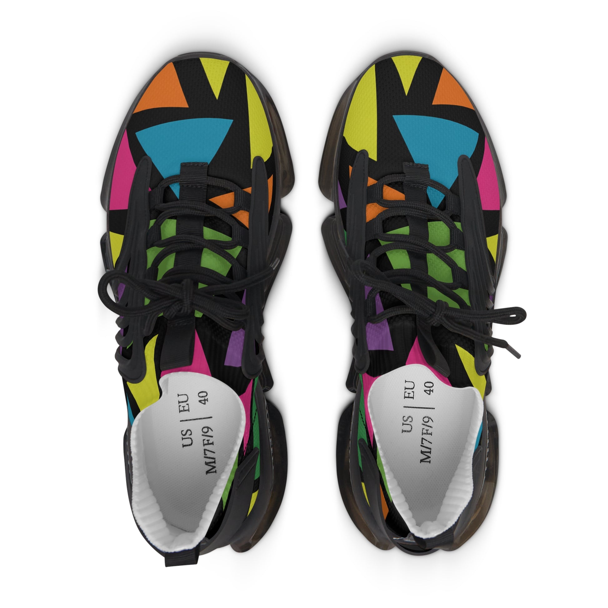 Colorful geometric-patterned sneakers on a white background