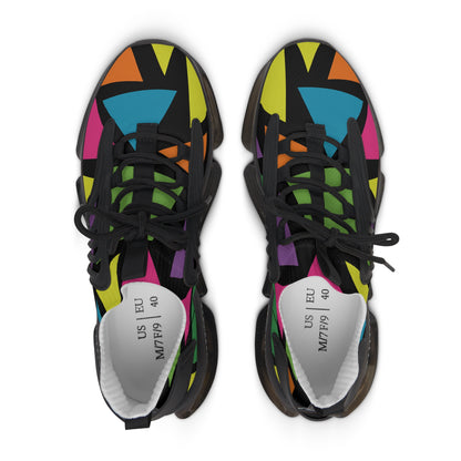 Colorful geometric-patterned sneakers on a white background
