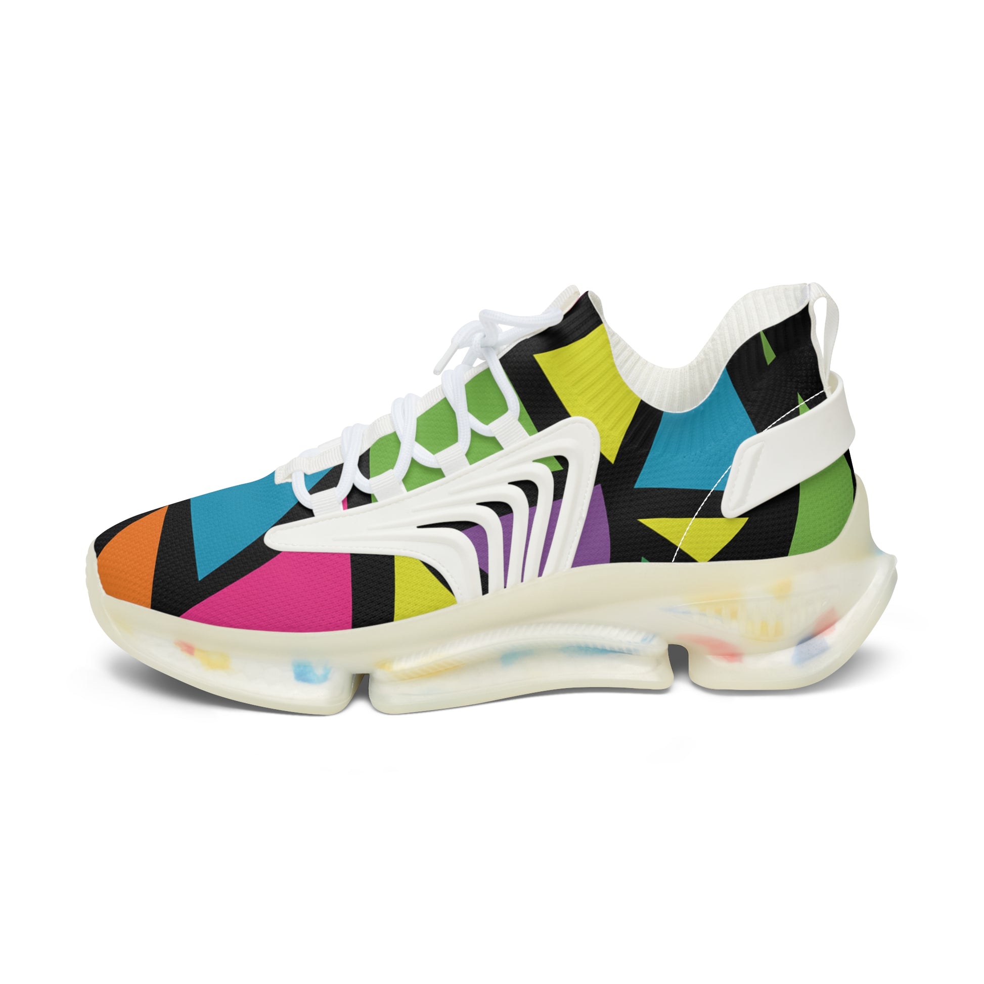 Colorful geometric-patterned sneaker on a white background