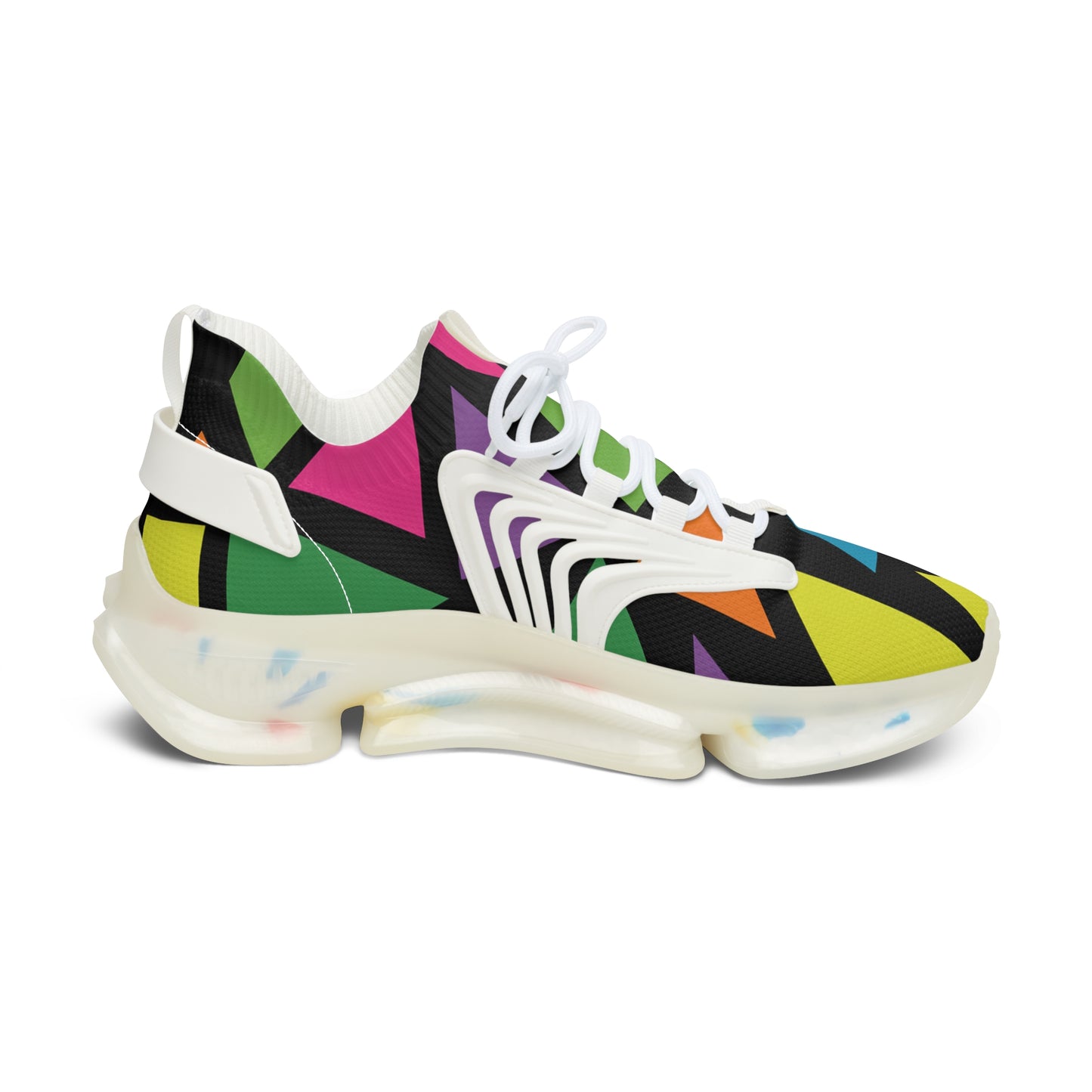 Colorful sneaker with geometric pattern on a white background