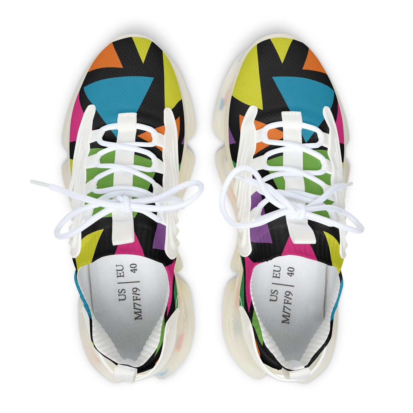 Colorful sneakers with geometric pattern on a white background