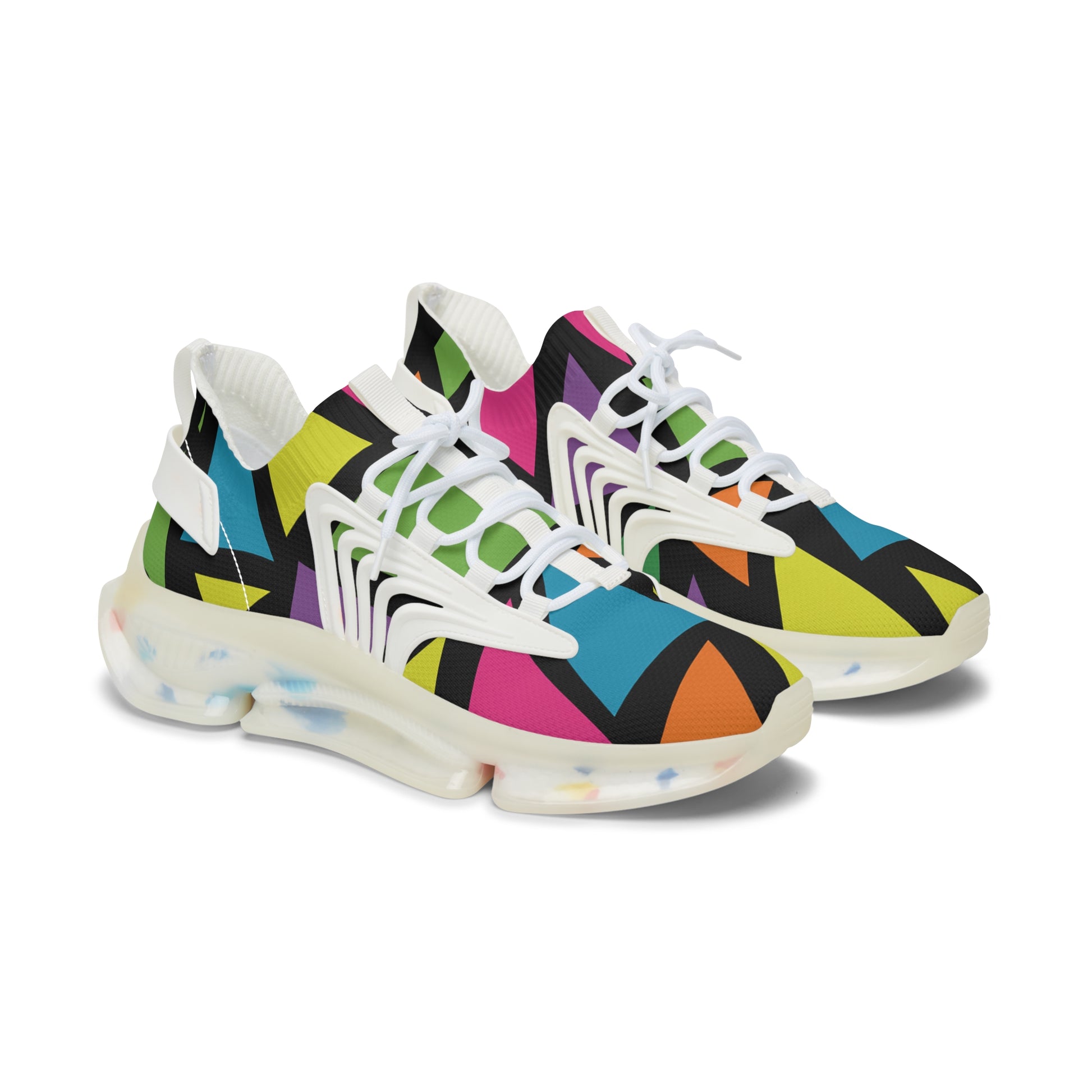 Colorful geometric-patterned sneakers on a white background
