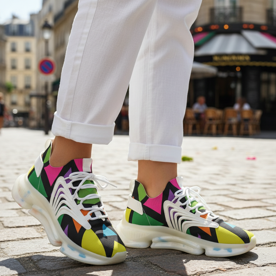 Colorful patterned sneakers worn on a city street.
