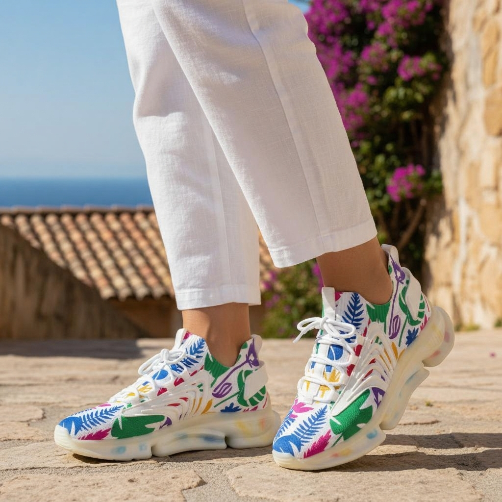 Colorful floral-patterned sneakers worn with white pants on a stone path.