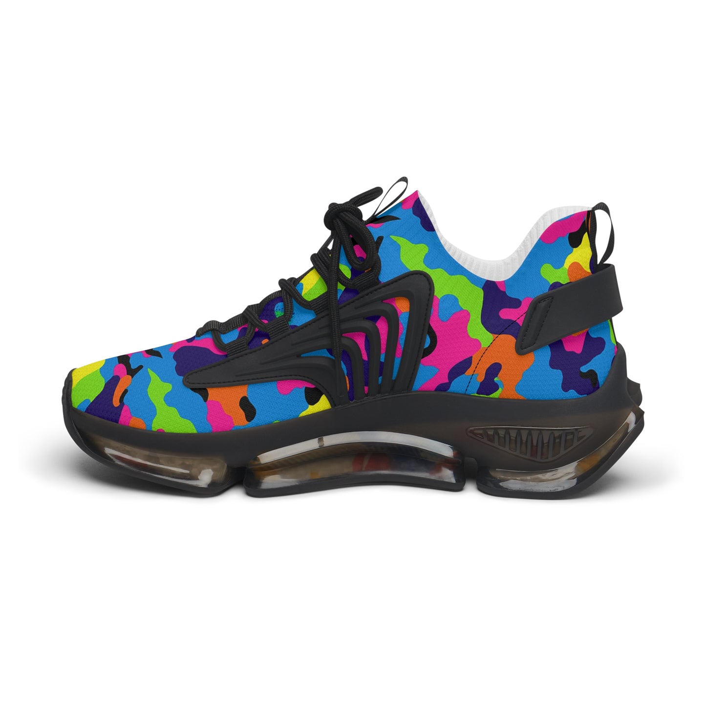 Colorful camouflage-patterned sneaker on a white background
