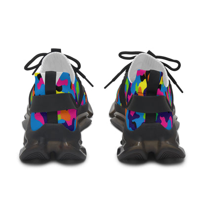 Black sneakers with colorful abstract pattern on a white background