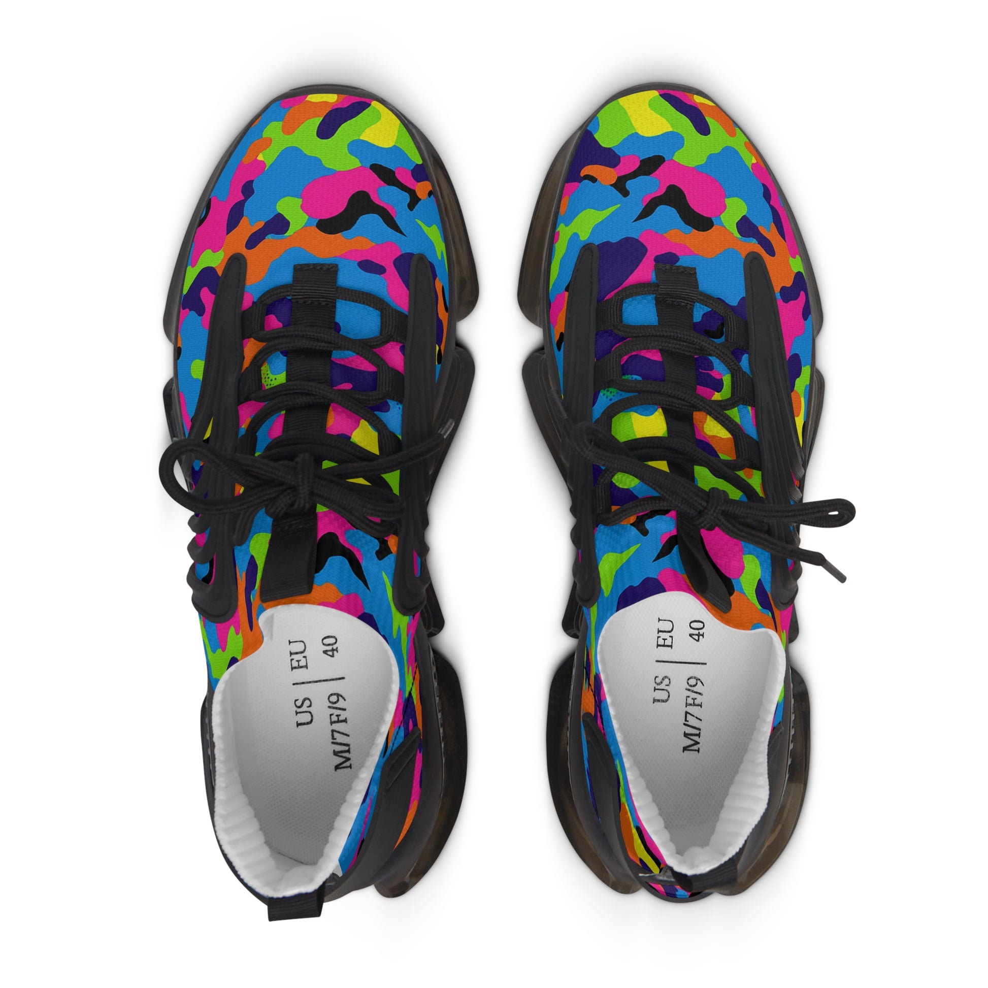 Colorful camouflage-patterned sneakers on a white background