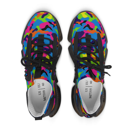 Colorful camouflage-patterned sneakers on a white background