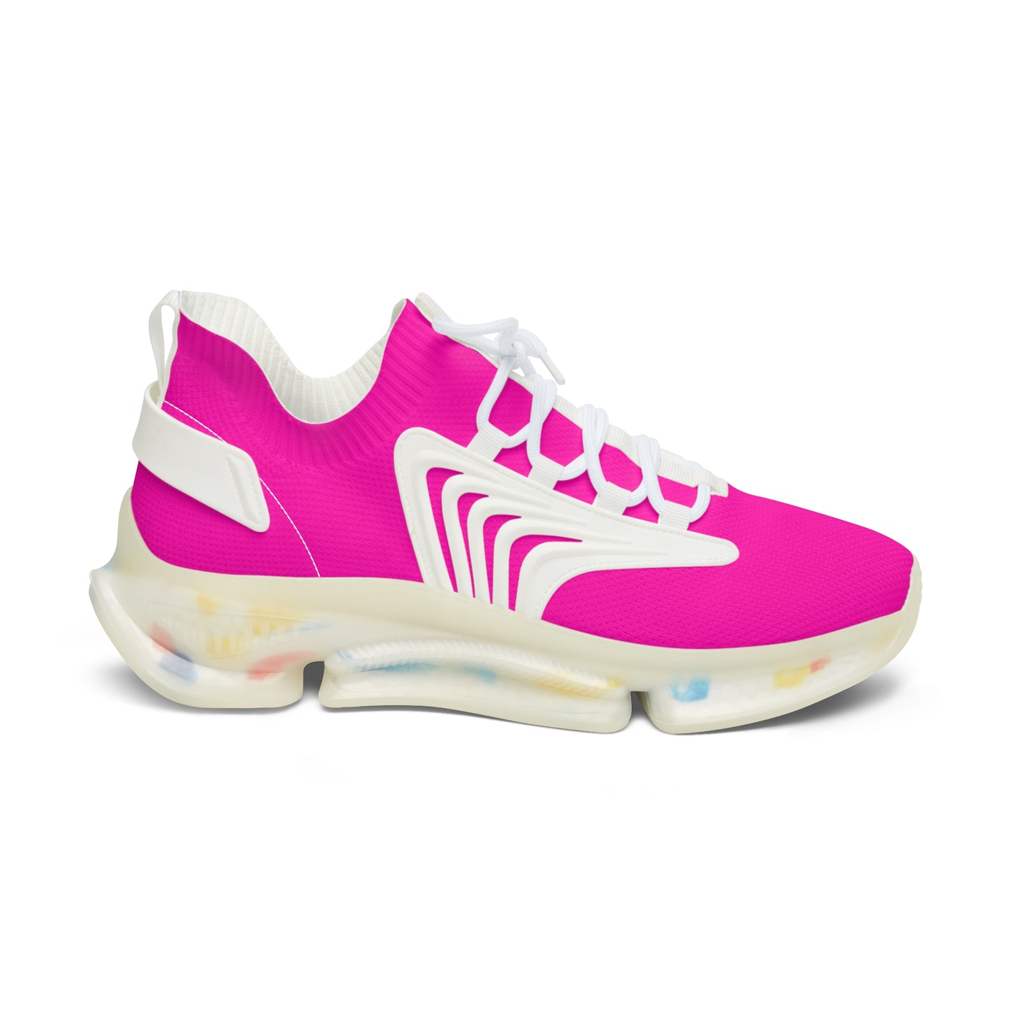 Pink and white sneaker with a colorful sole on a white background