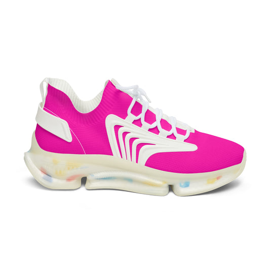 Pink and white sneaker with a colorful sole on a white background