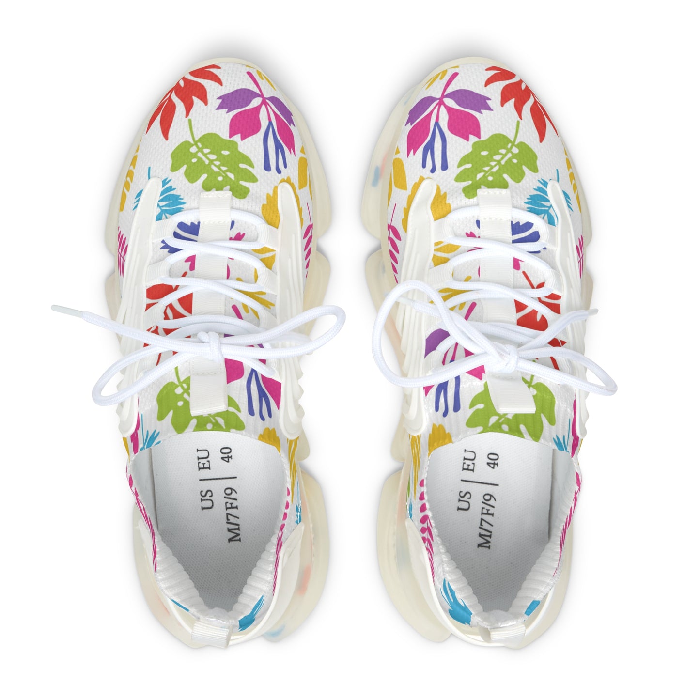 White sneakers with colorful leaf pattern on a white background