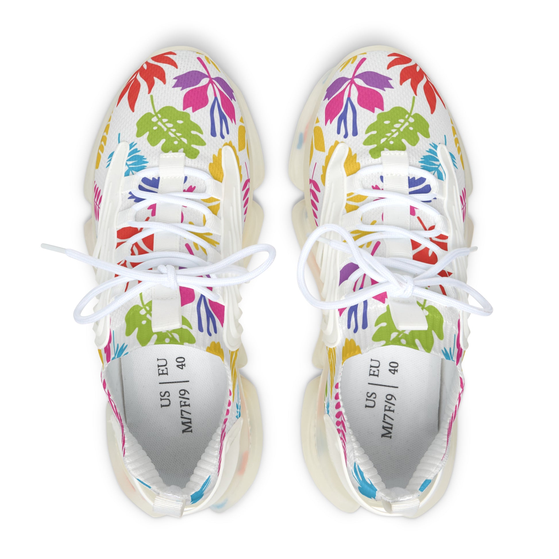 White sneakers with colorful leaf pattern on a white background