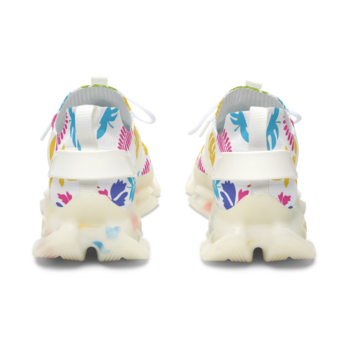 Colorful floral pattern on white sneakers with a white background