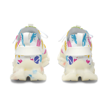 Colorful floral pattern on white sneakers with a white background