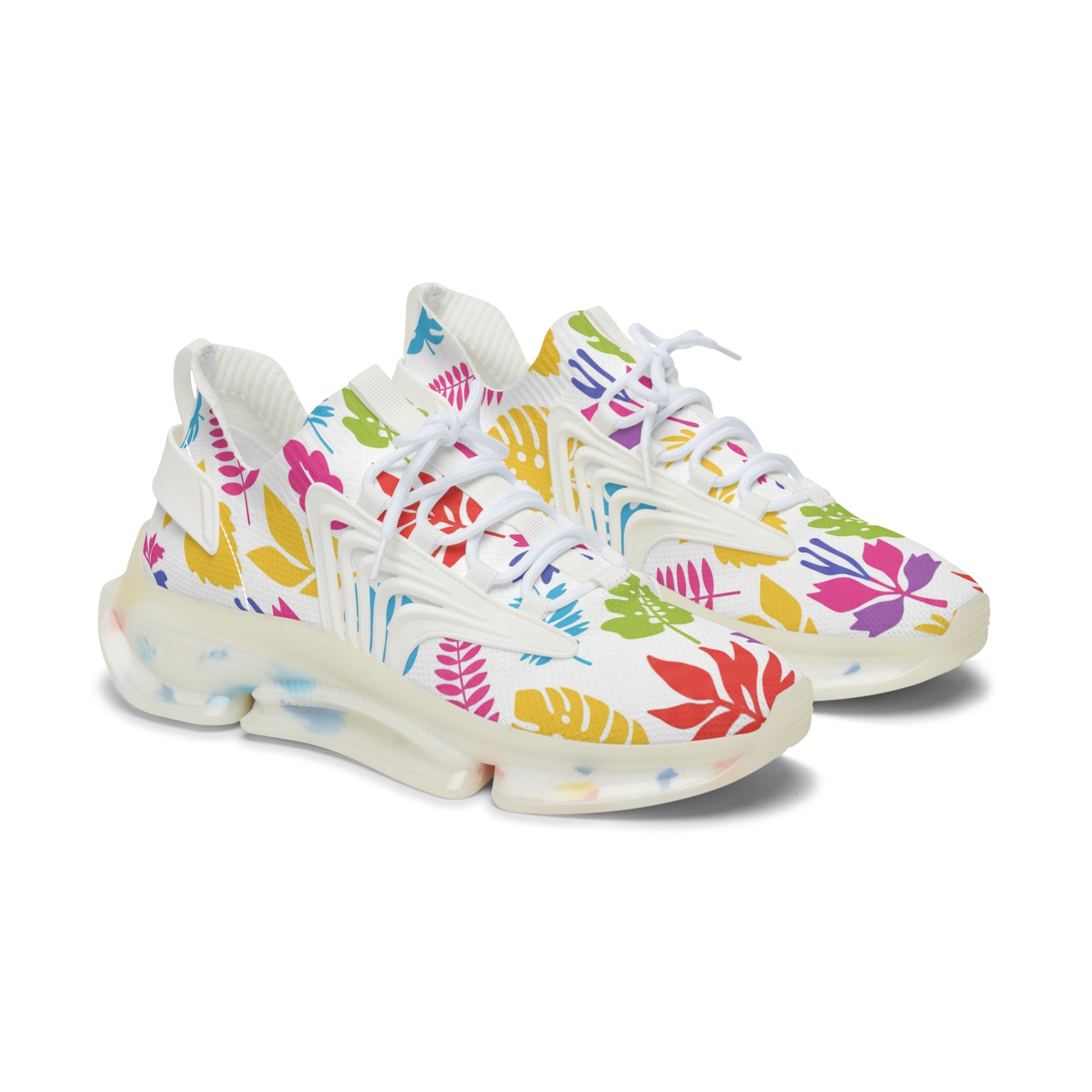Colorful floral-patterned sneakers on a white background