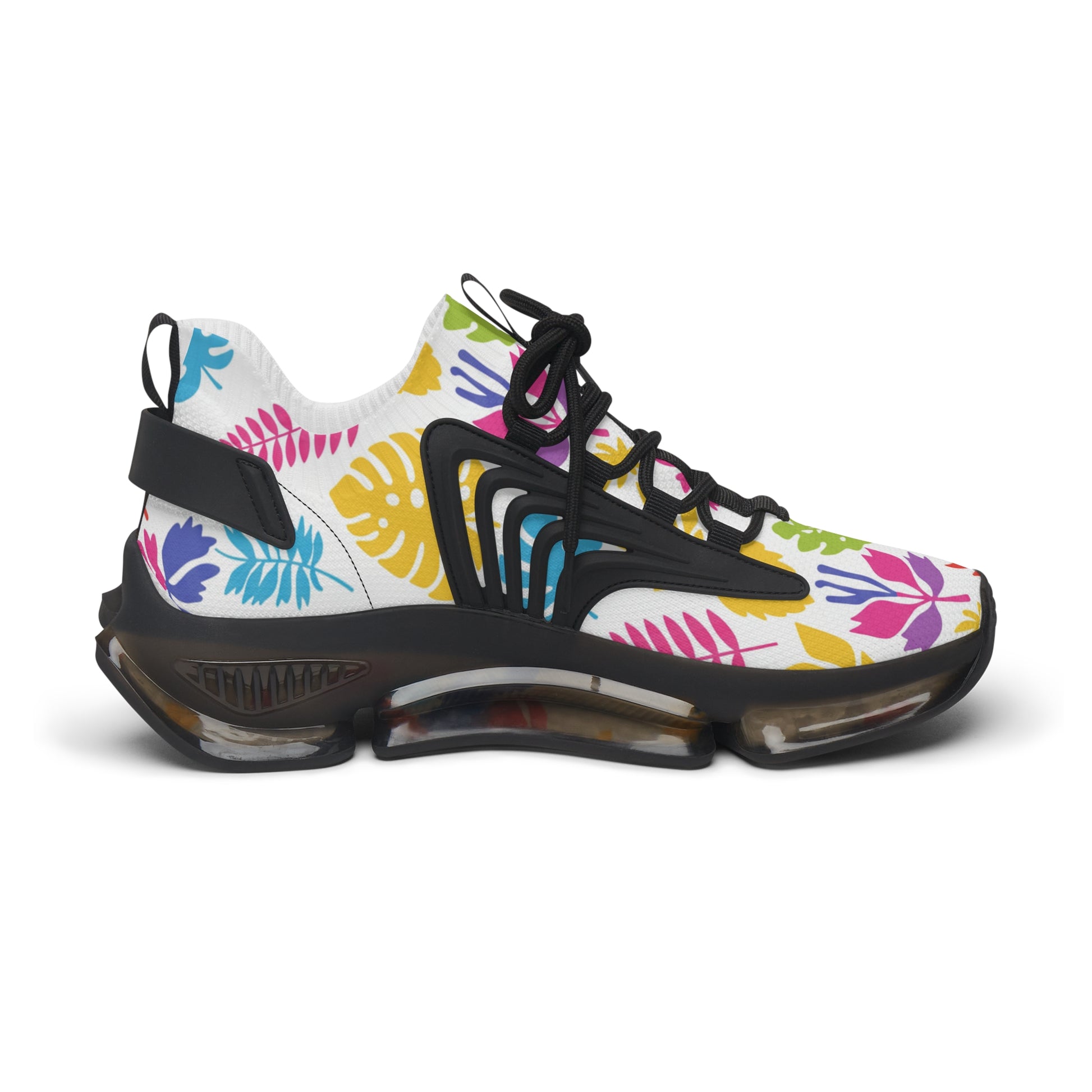 Colorful sneaker with floral patterns on a white background