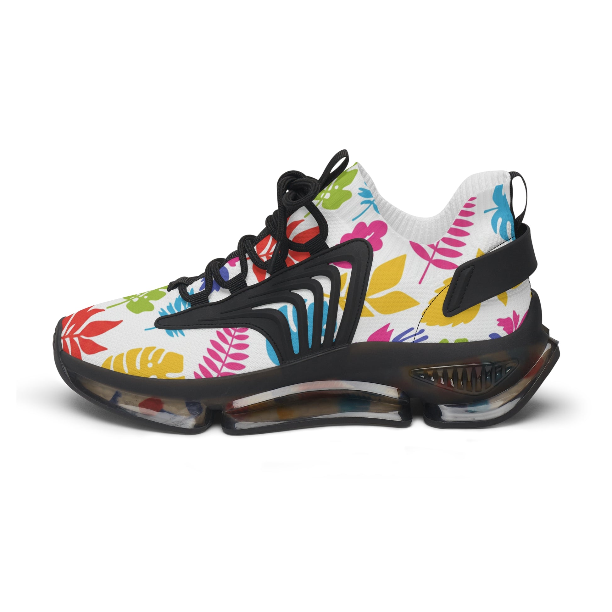 Colorful sneaker with floral patterns on a white background