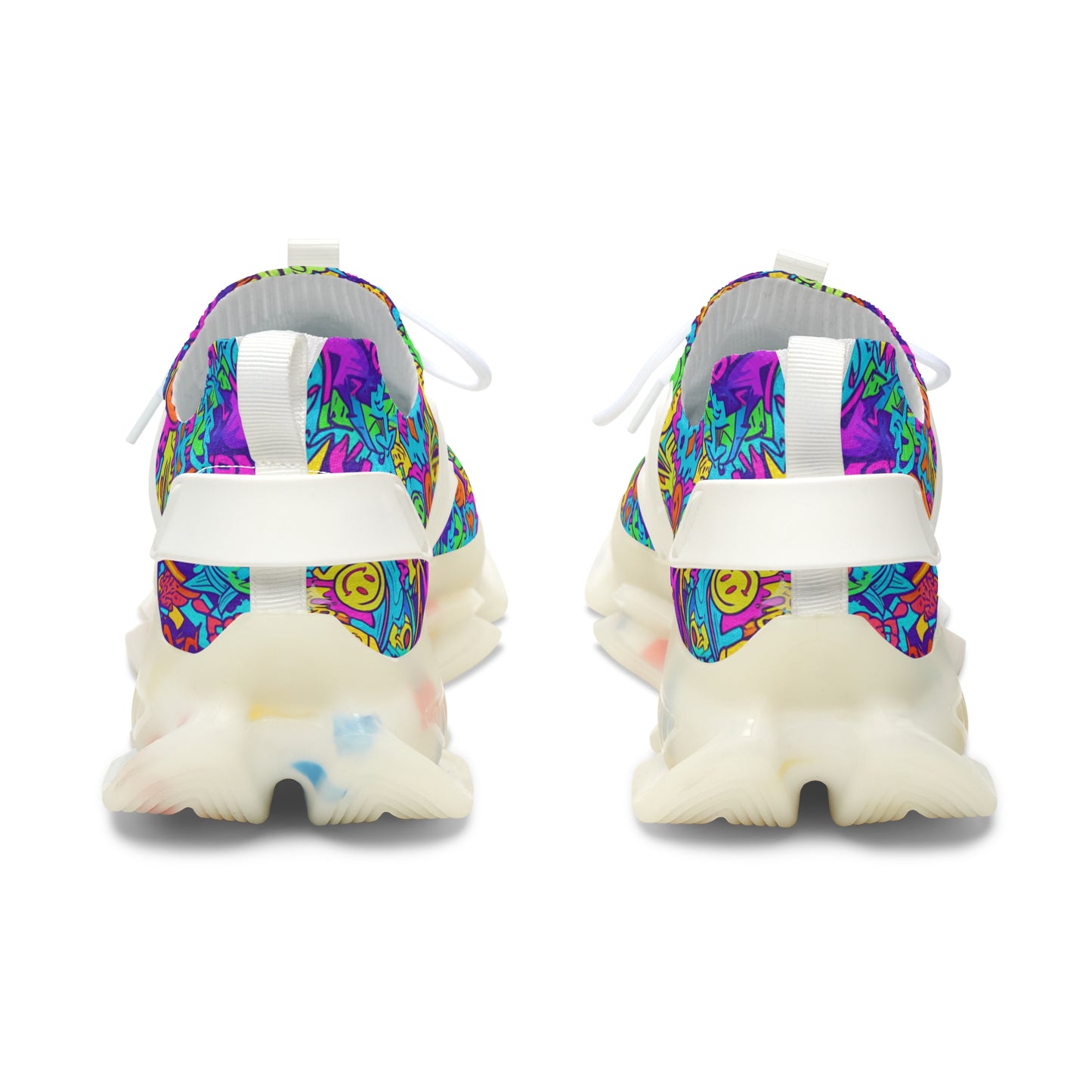 Colorful floral-patterned sneakers with white soles on a white background