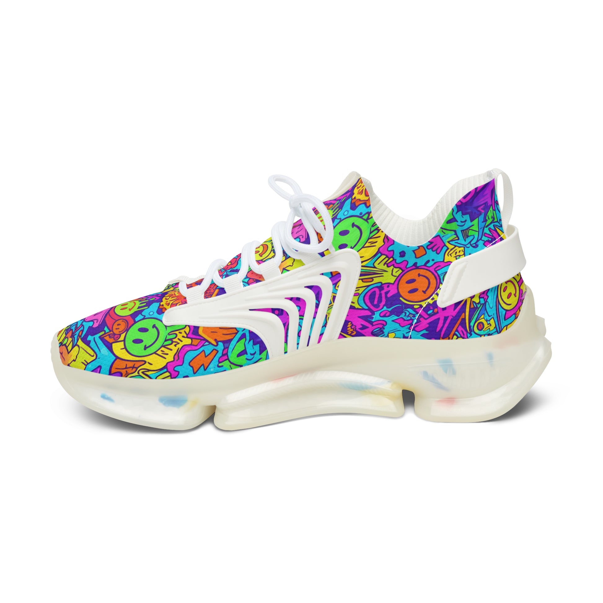 Colorful sneaker with smiley face pattern on a white background