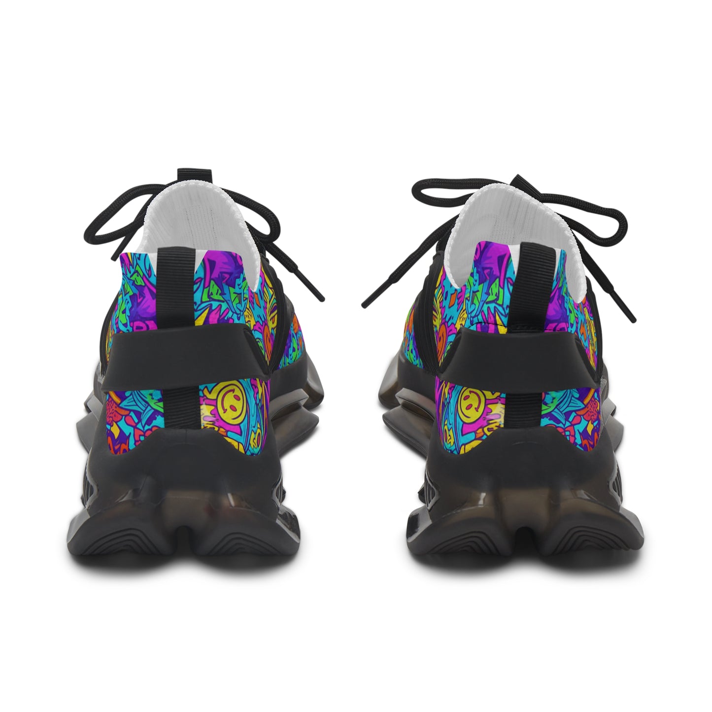 Colorful abstract pattern on black shoes with white soles on a white background