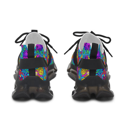Colorful abstract pattern on black shoes with white soles on a white background