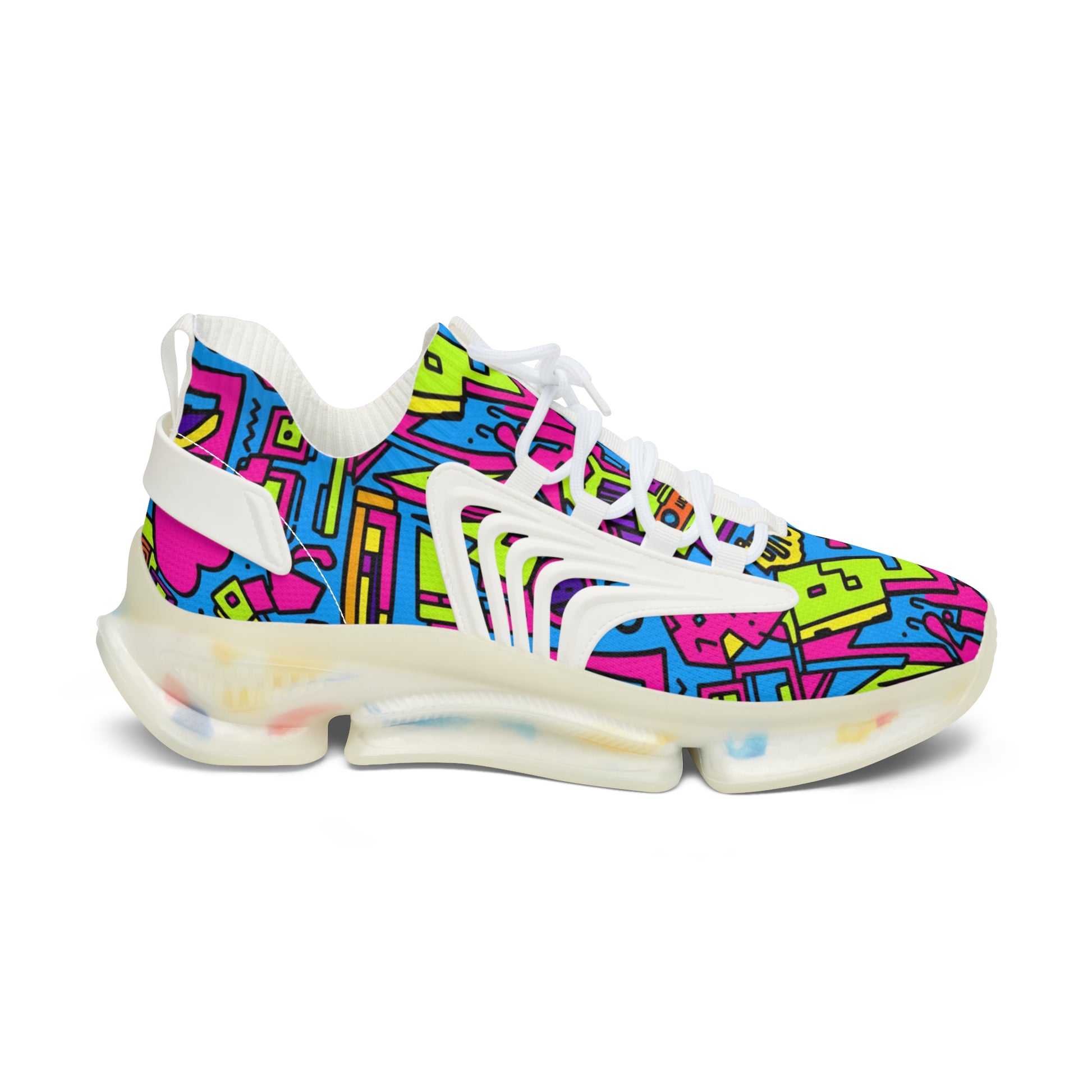 Colorful sneaker with geometric pattern on a white background