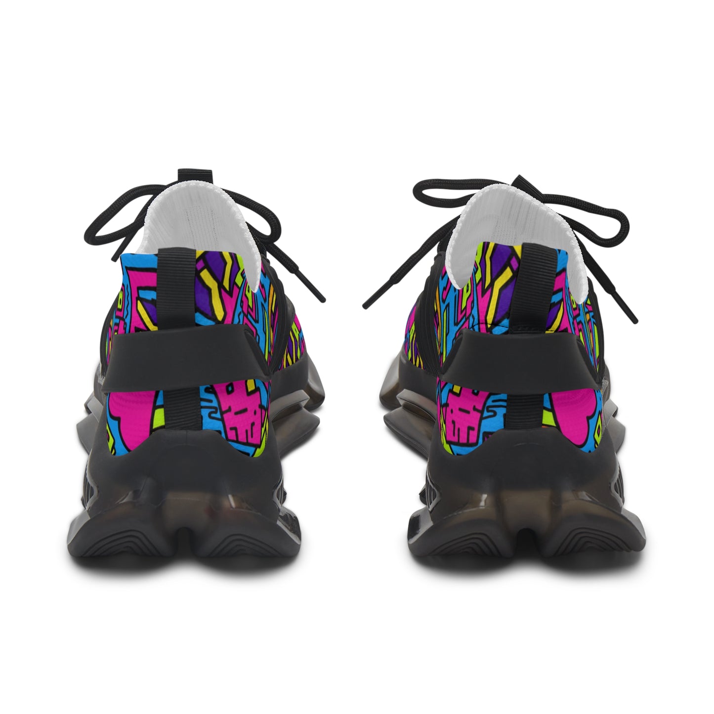 Black sneakers with colorful abstract pattern on a white background