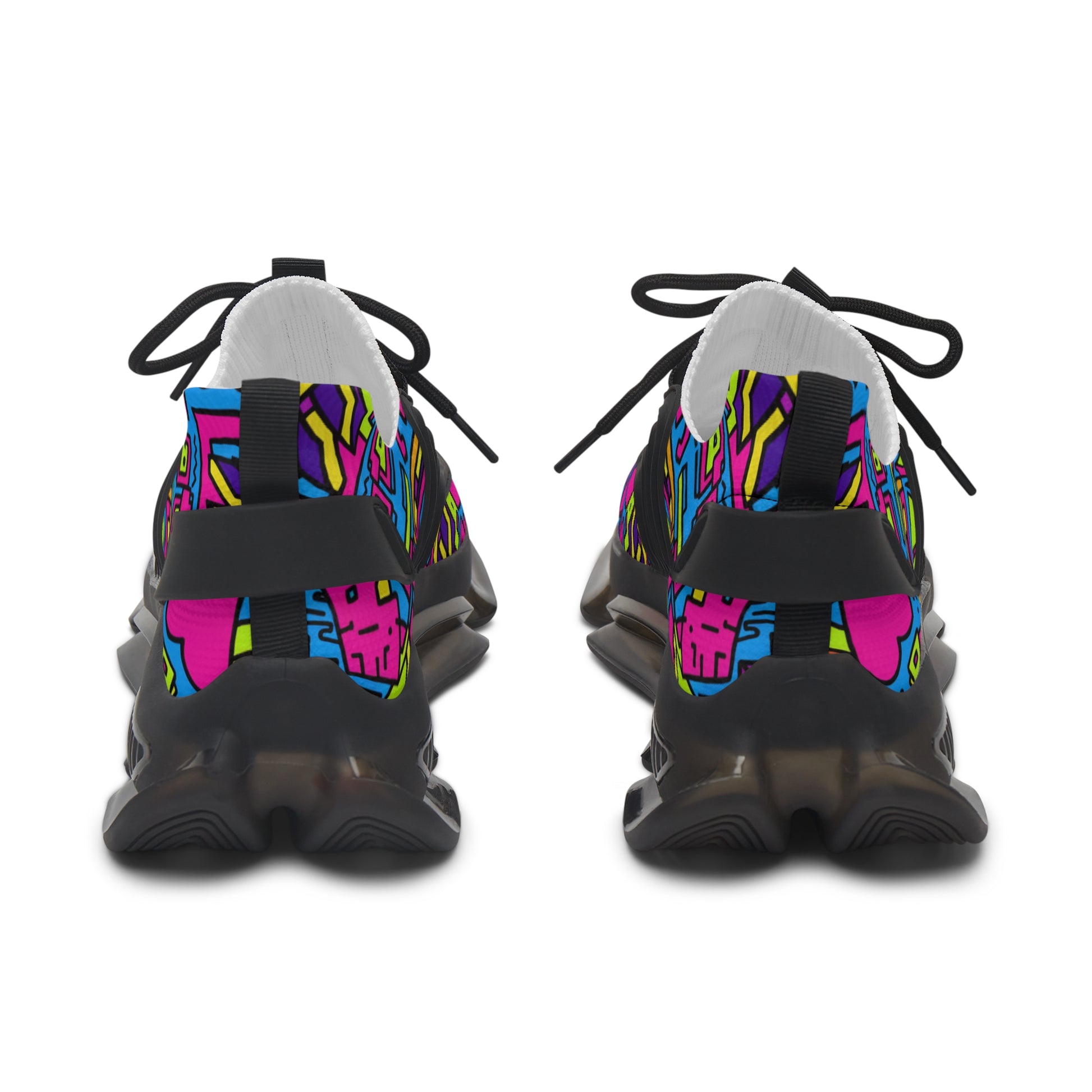 Black sneakers with colorful abstract pattern on a white background