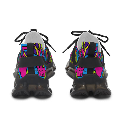 Black sneakers with colorful abstract pattern on a white background