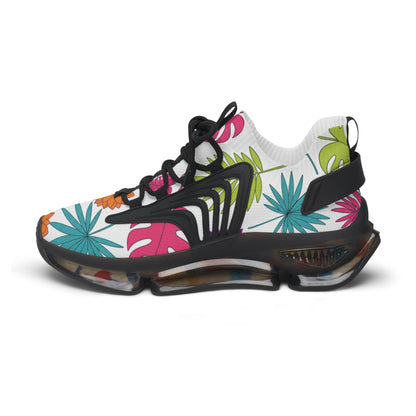 Colorful sneaker with tropical leaf pattern on a white background