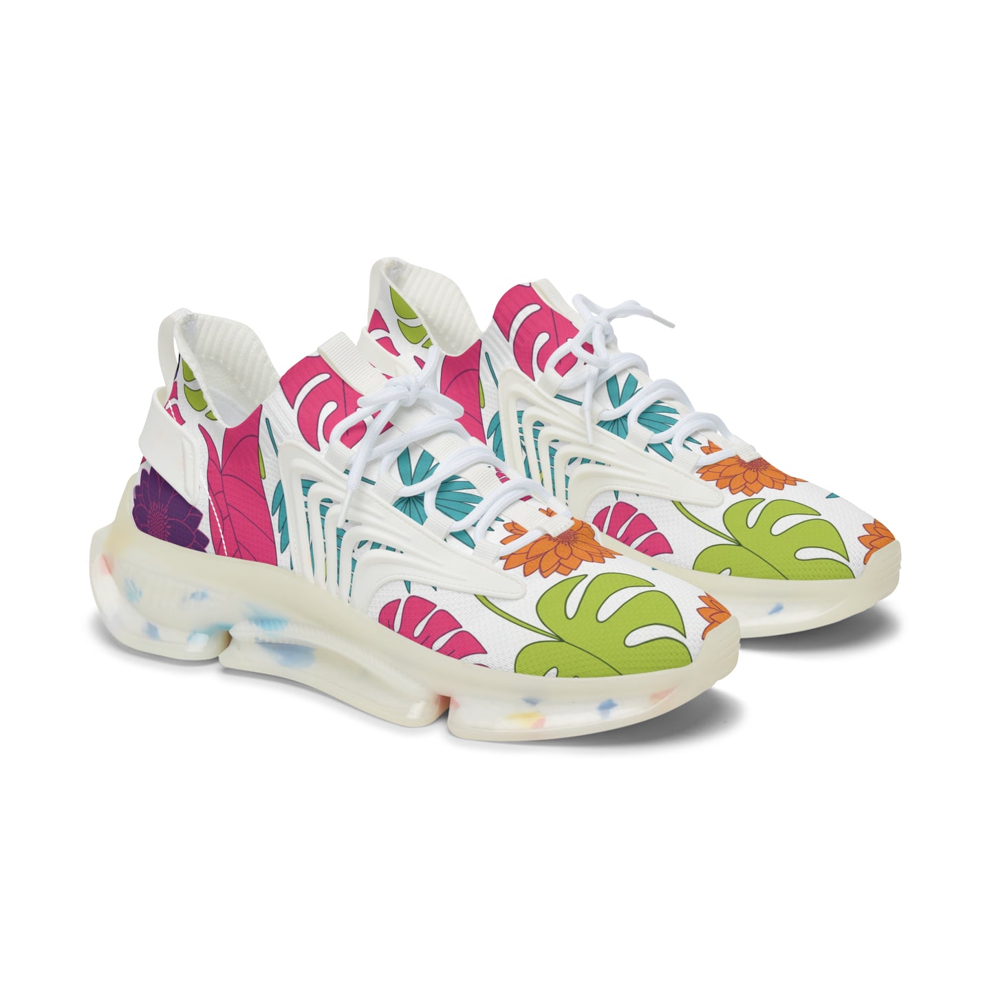 Colorful floral-patterned sneakers on a white background