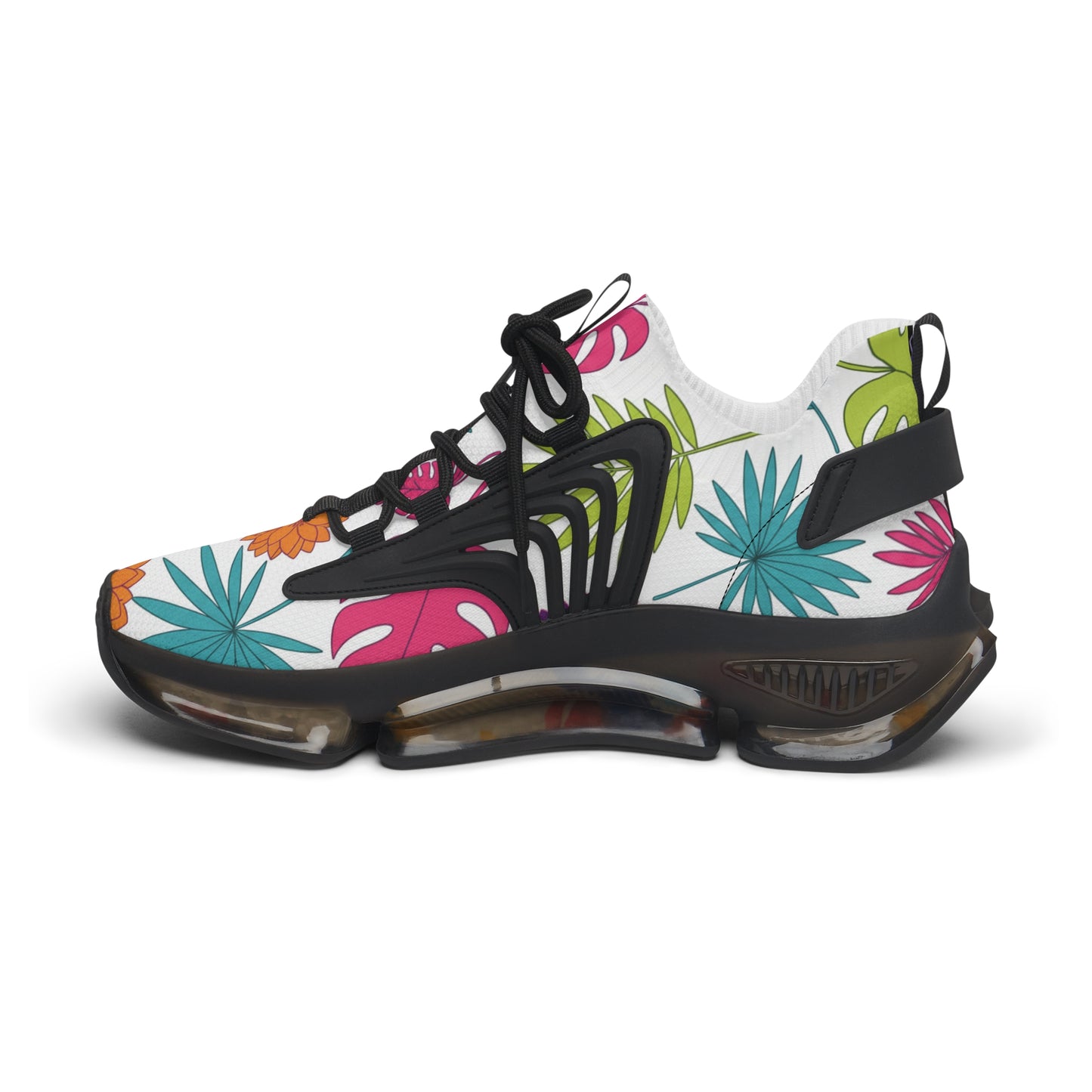 Sneaker with colorful floral pattern on a white background