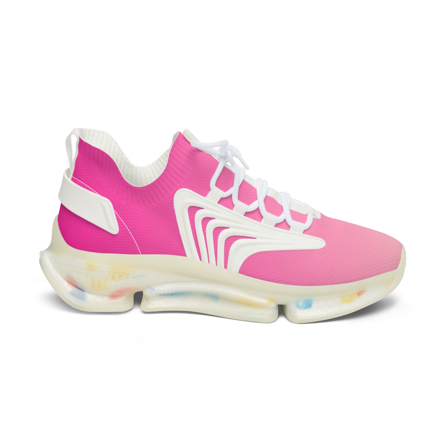 Pink sneaker with white accents on a white background