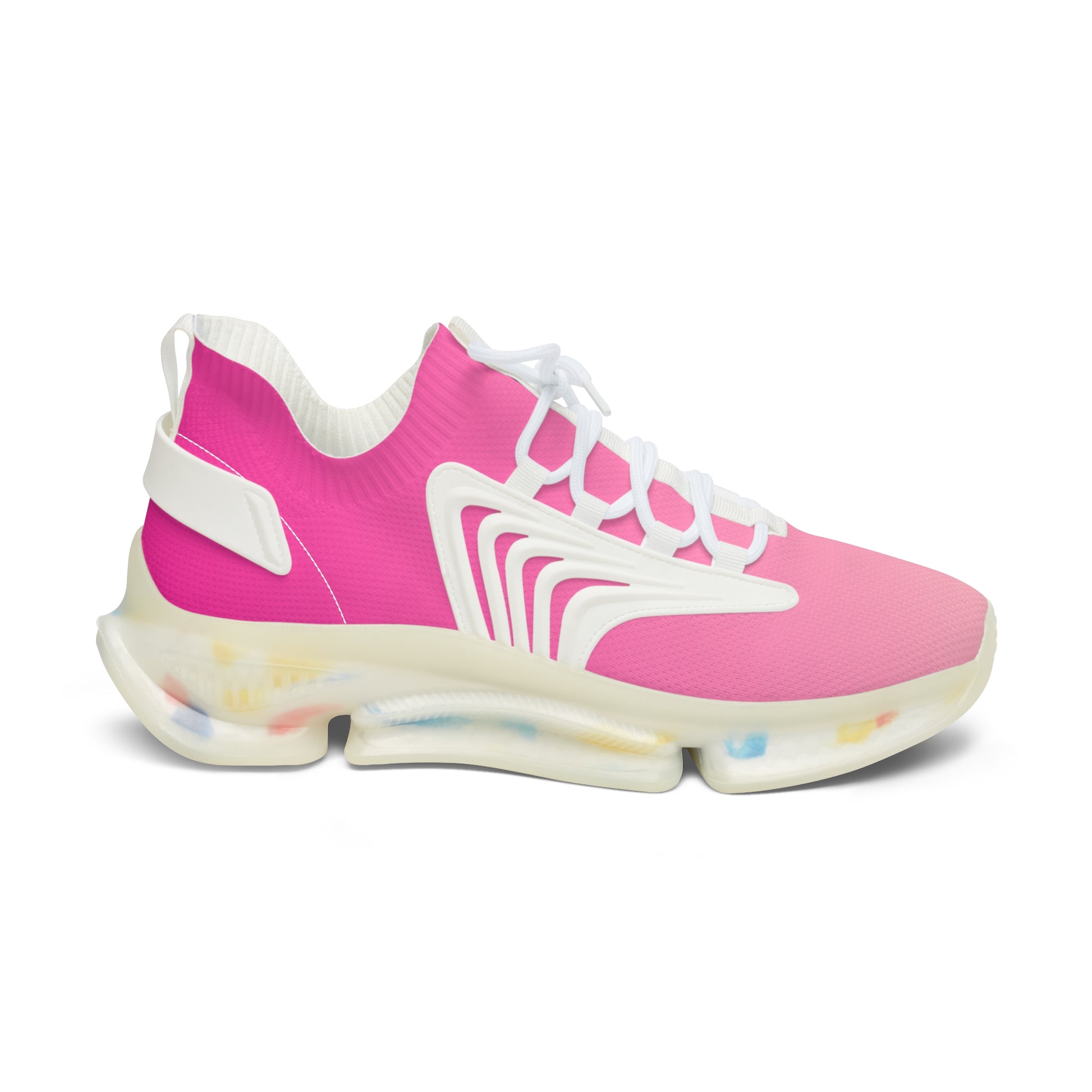 Pink sneaker with white accents on a white background