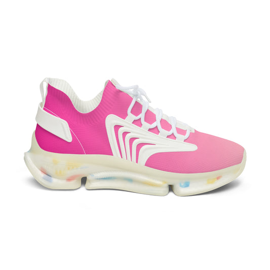 Pink sneaker with white accents on a white background