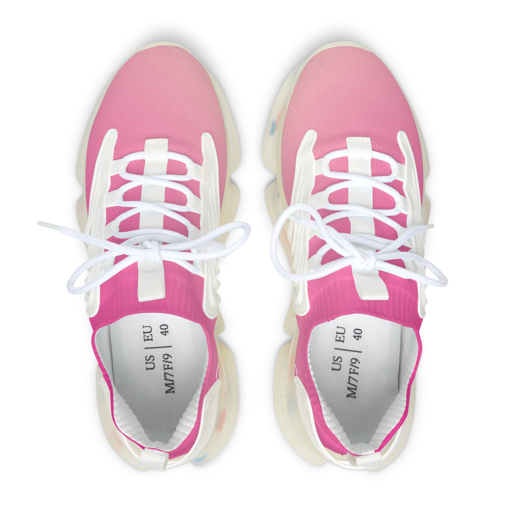 Pink sneakers with white laces on a white background