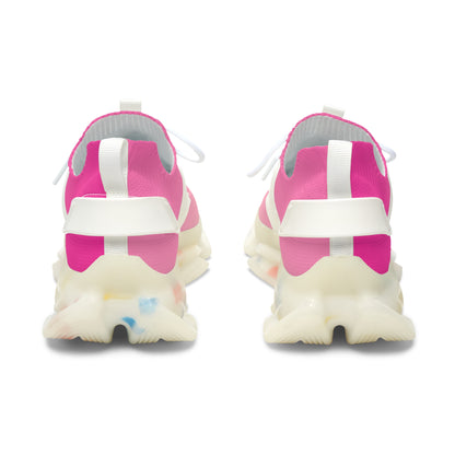 Pink and white sneakers with thick white soles on a white background