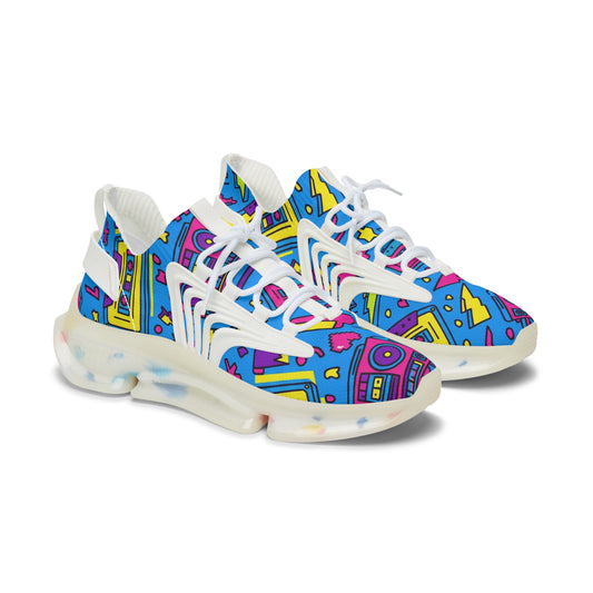 Colorful mesh sneakers with abstract patterns on a white background