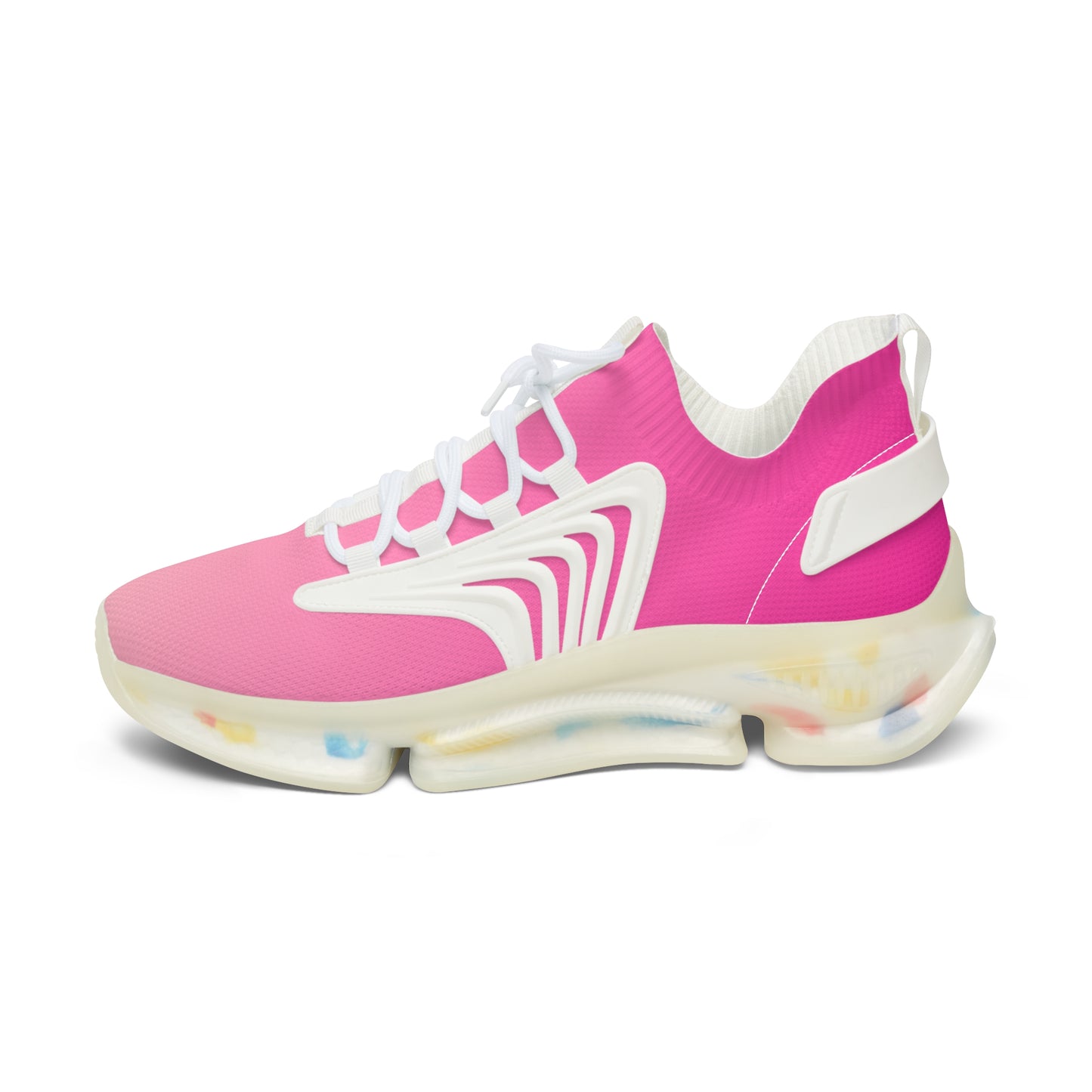 Pink and white sneaker with a colorful sole on a white background