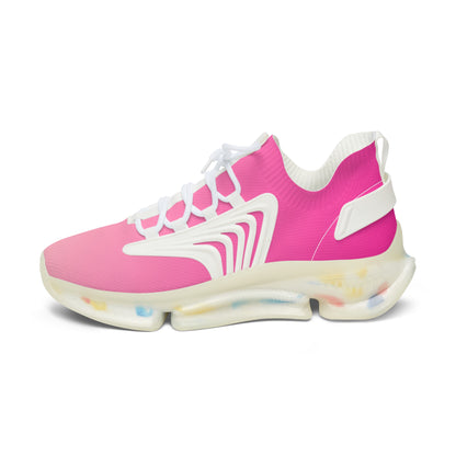 Pink and white sneaker with a colorful sole on a white background