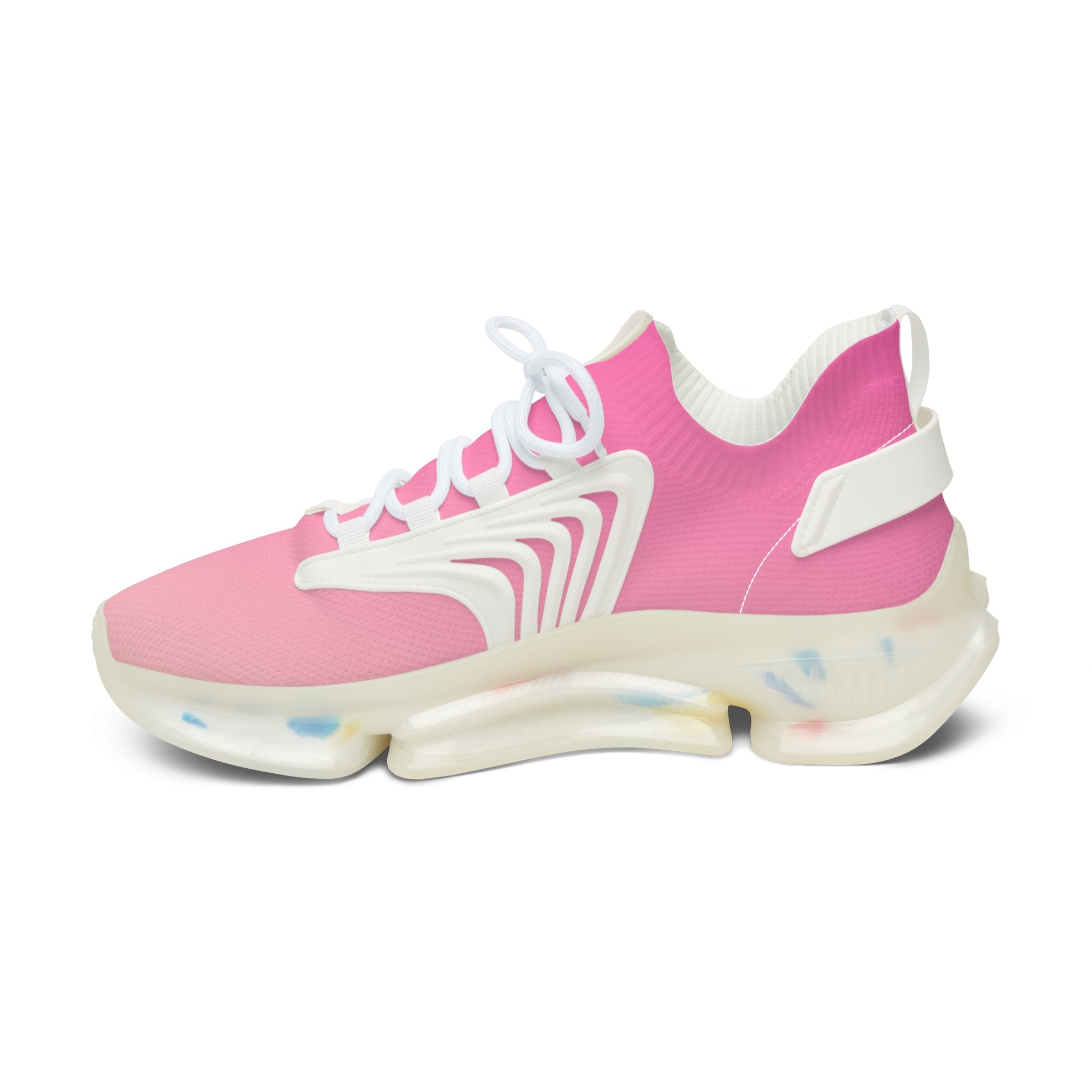 Pink and white sneaker with a unique sole design on a white background