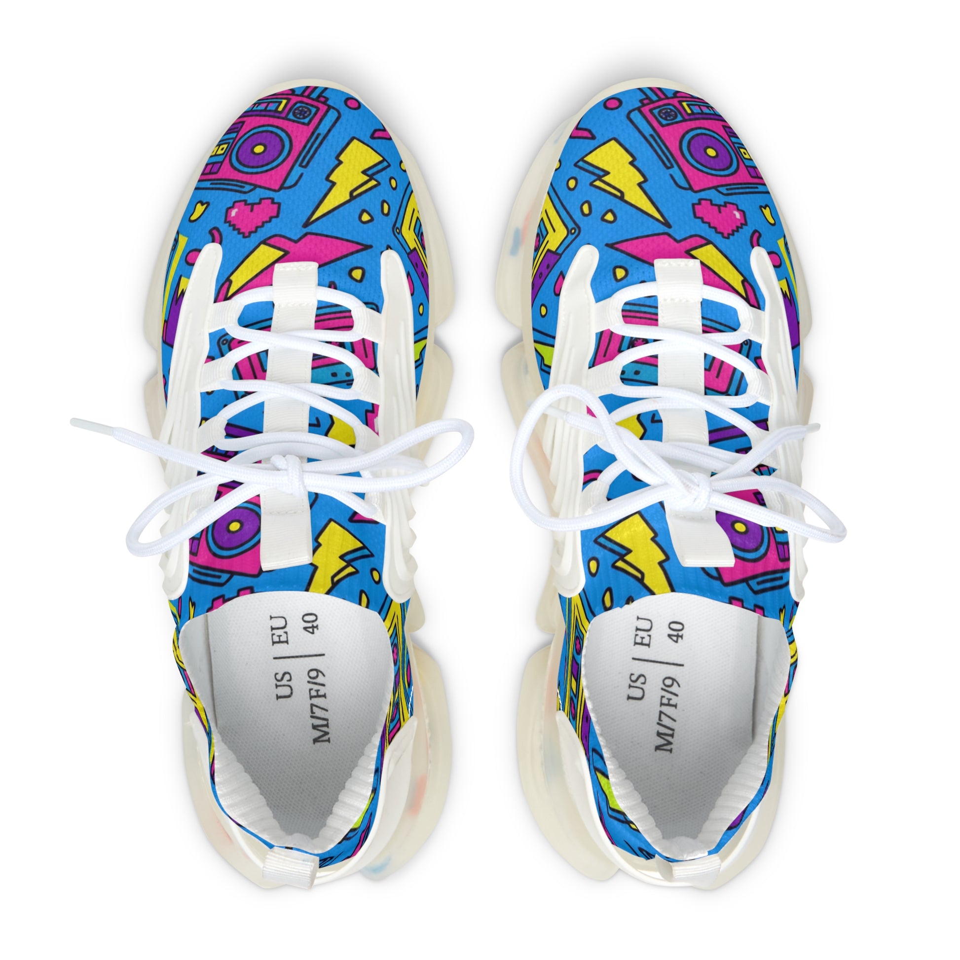 Colorful mesh sneakers with abstract patterns on a white background