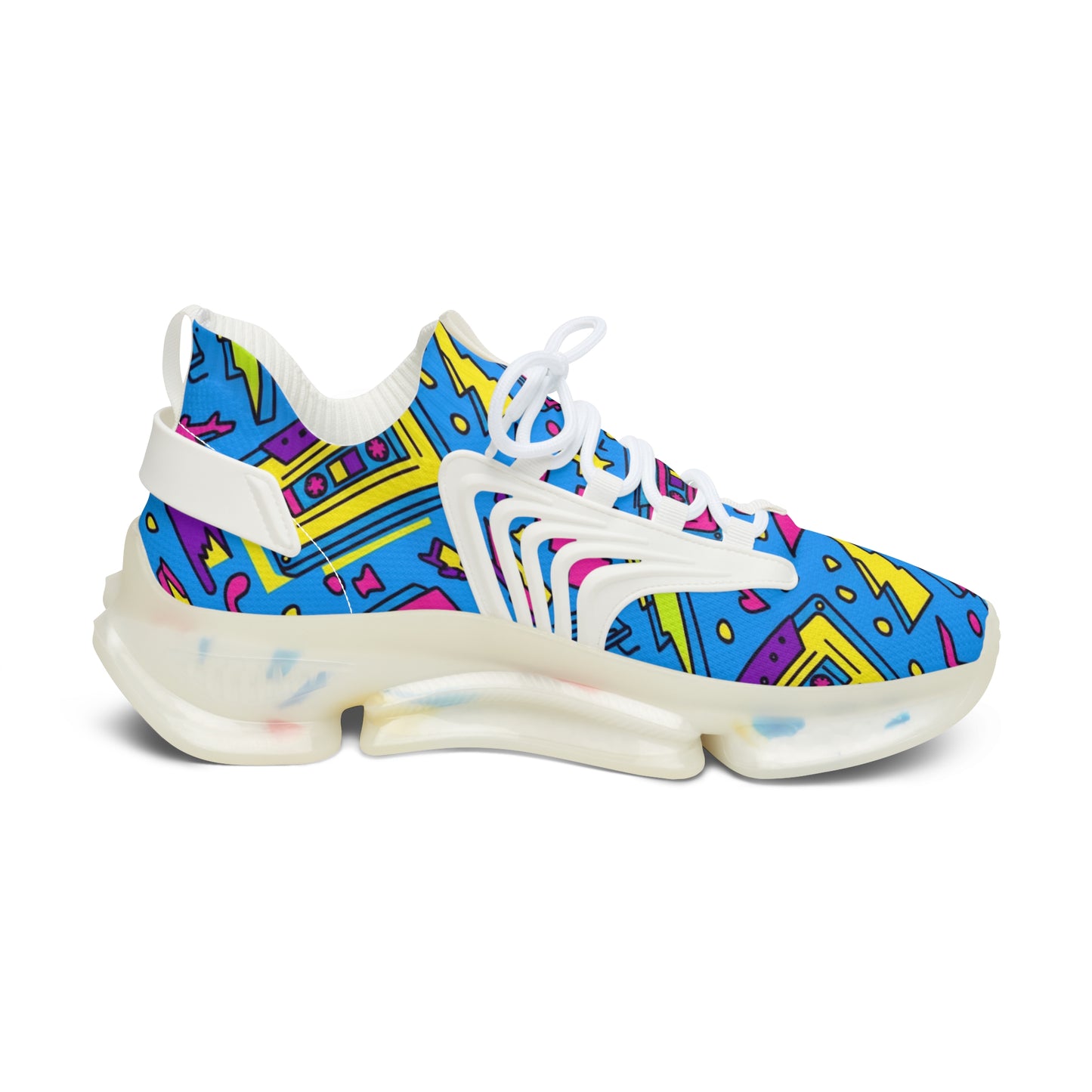 Colorful mesh sneaker with geometric pattern on a white background