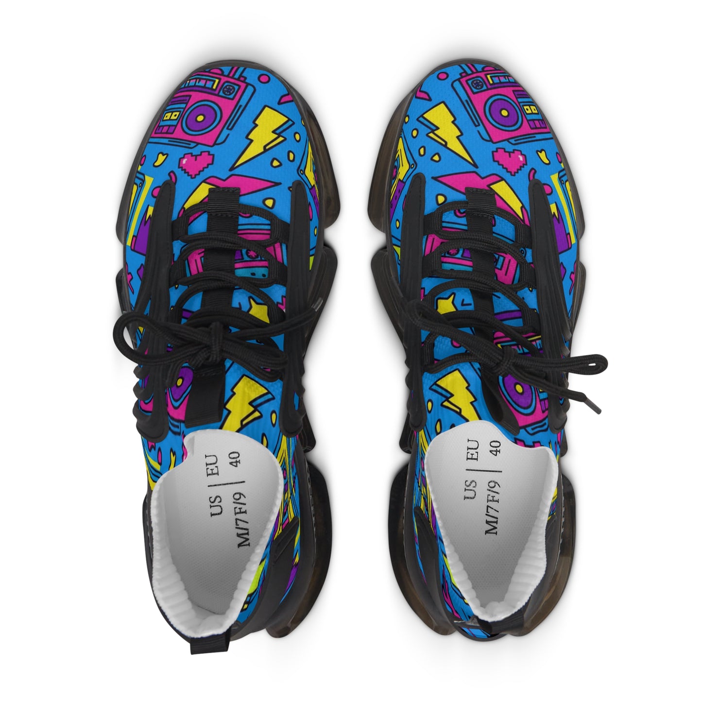 Colorful sneakers with a graphic design on a white background